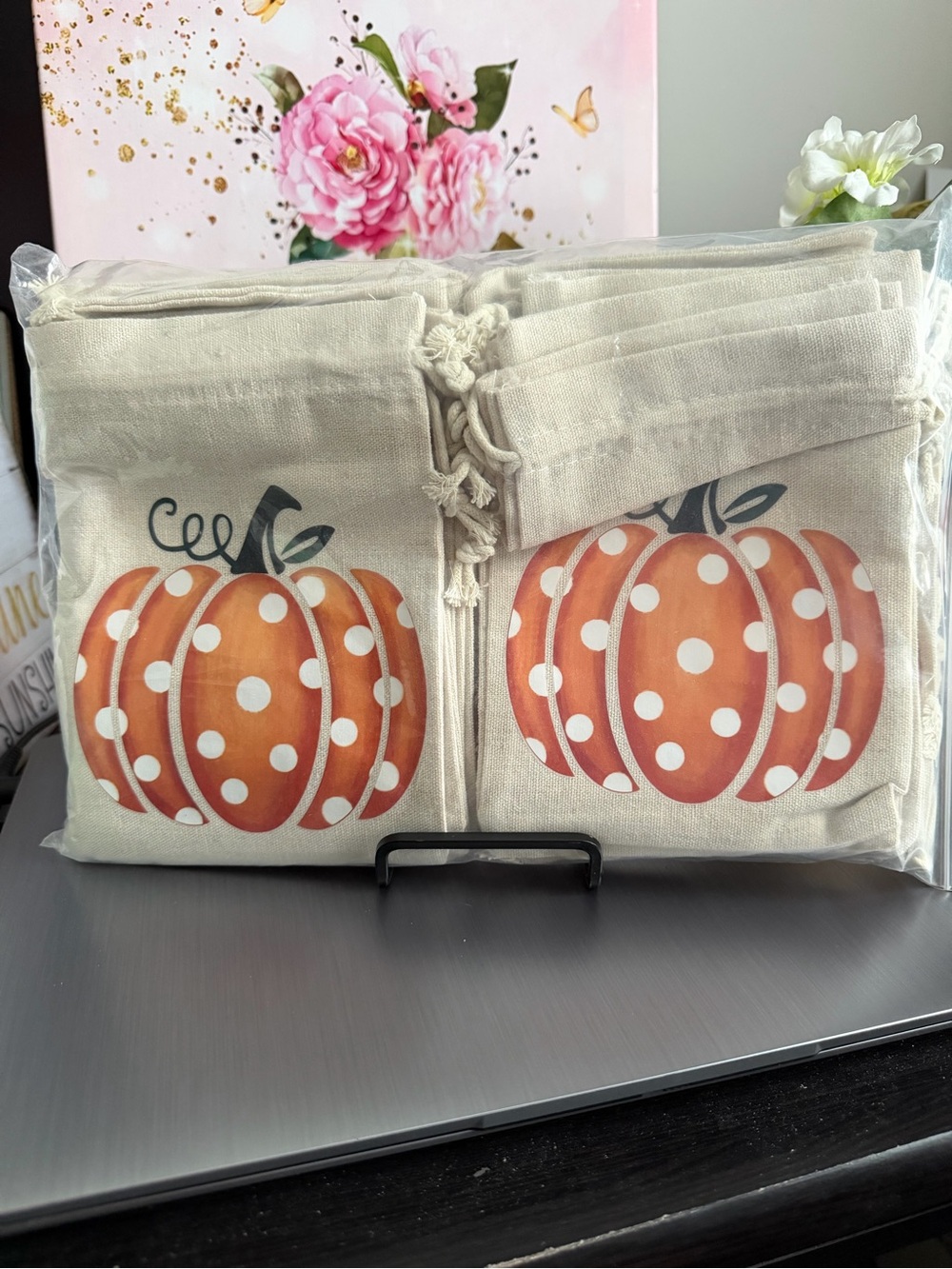 Canvas Pumpkin Treat Bags - Cream with Orange Pumpkin Print set of 24